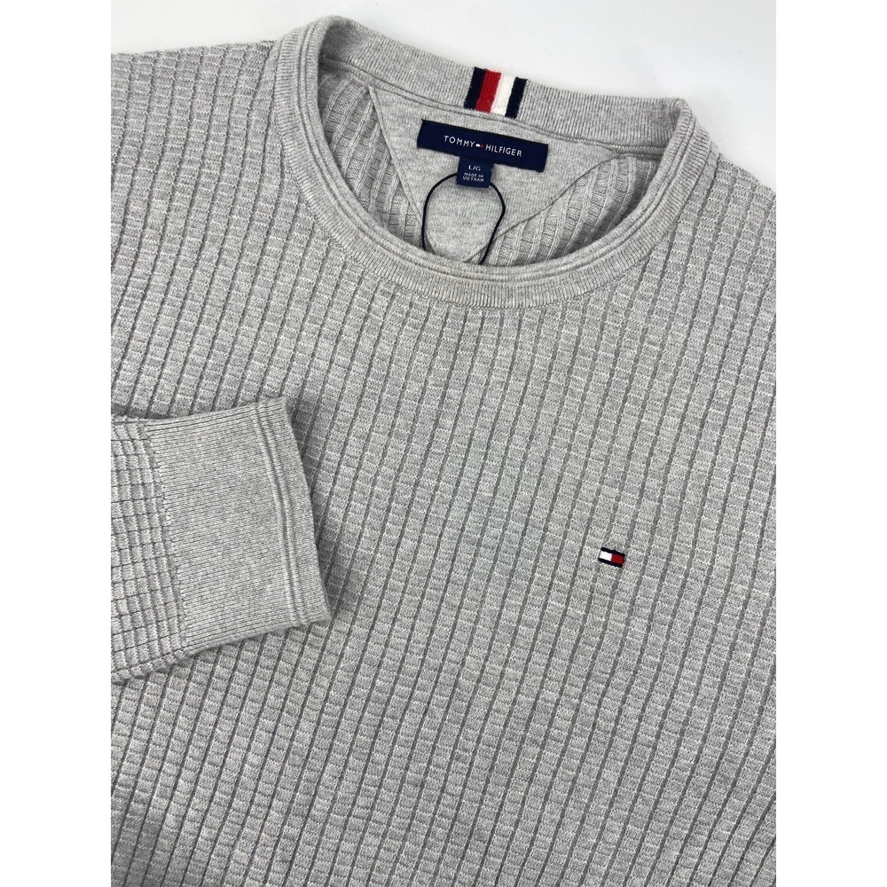 Tommy Hilfiger Sweater Mens Large Gray Waffle Knit Crewneck Pullover Logo Cotton